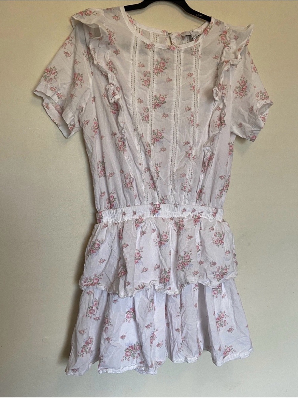 Boho Floral Lace Ruffle Mini Dress Sz M 100% Cotton Layered Fit & Flare Peasant